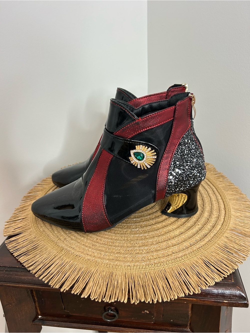 One of a kind Booties by CRZIDHA, black patent, mesh and sparkles❤️7.5